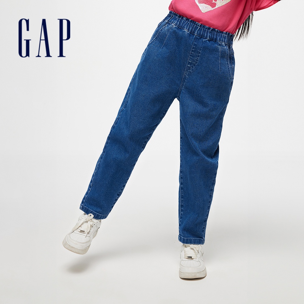 Gap 女童裝 Logo鬆緊錐形牛仔褲-深藍色(891979)