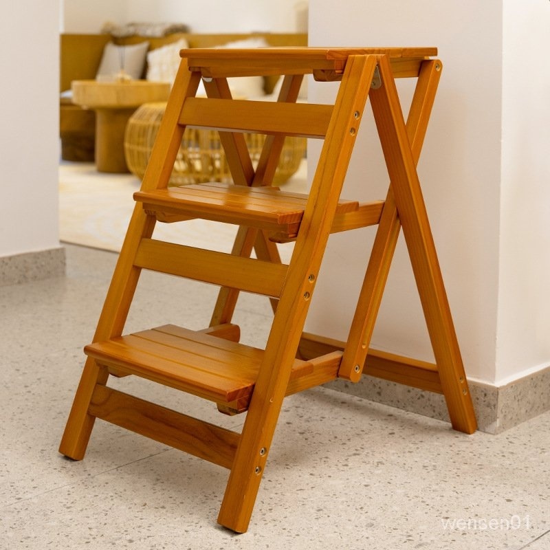【文森居傢】【免運】實木梯凳傢用折疊梯子凳子兩用多功能三步登高臺階凳樓梯椅