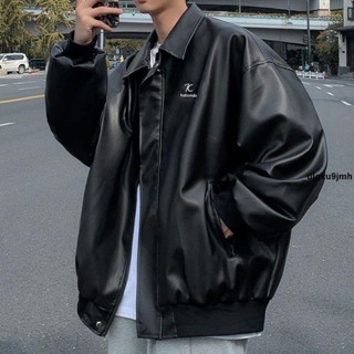 PU🎇 潮流機車皮衣男春秋款寬松工裝夾克翻領韓版皮衣休閑男士復古外套