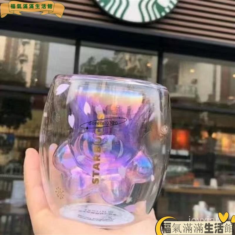 台灣滿額免運🚚Starbucks/星巴克貓爪杯咖啡杯飲料杯雙層玻璃杯粉紅櫻花防燙玻璃杯生日禮物貓掌杯LH62