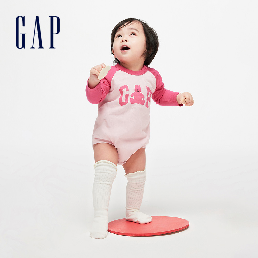 Gap 嬰兒裝 Logo小熊印花圓領長袖包屁衣-粉紅色(890319)