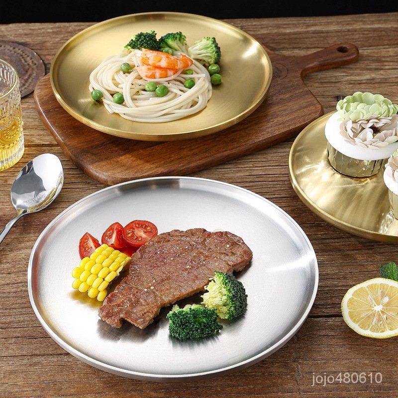 精選好物🌻金色雙層隔熱304不銹鋼盤子圓盤平底餐盤菜碟子韓式烤肉燒烤平盤餐具  杯子