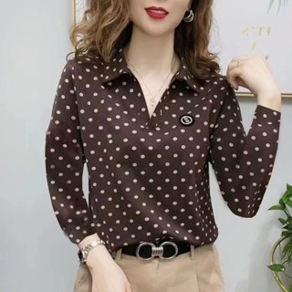 美拉德清新女士T恤 長袖新款波點媽媽polo領富婆上衣遮肚子百搭女裝長袖 襯衫 女 寬鬆襯衫