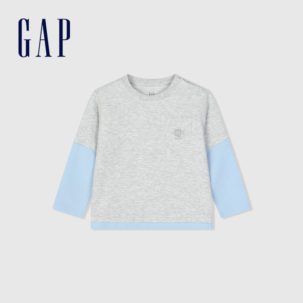 Gap 男幼童裝 Logo印花圓領長袖T恤-灰色(890266)