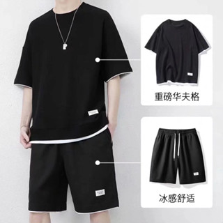 M-5XL 男生假兩件休閒拼接套裝 華膚格男生運動短袖套裝 夏季男薄潮流圓領套裝運動衫 套裝男(TOG206)【壹號站】