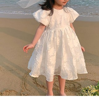 MOMOKO 兒童洋裝 女童連身裙 夏天短袖洋裝 2024年夏季童裝女童連衣裙韓版白色大花朵公主裙蓬蓬紗洋氣超僊裙