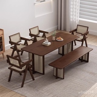 【餐桌】山姆傢具#日式實木餐桌傢用小戶型侘寂風藤編桌子長方形民宿北歐餐桌椅組客廳餐桌 實木桌 桌子 客廳桌 小餐桌