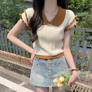 韓版上衣 女生上衣 法式氣質 波浪邊 短袖針織衫 夏季新款 復古 設計感 小眾 薄款 短款上衣 LASH