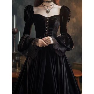 促銷 新品秋季穿搭高階感小黑裙宮廷風復古黑色絲絨禮服高級精緻絕美洋裝