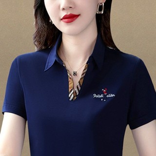 臺灣現貨 春夏短袖上衣女POLO衫女100%品質夏季新款短袖T恤女翻領大碼寬鬆中年媽媽POLO衫運動上衣大尺碼 夏季短袖