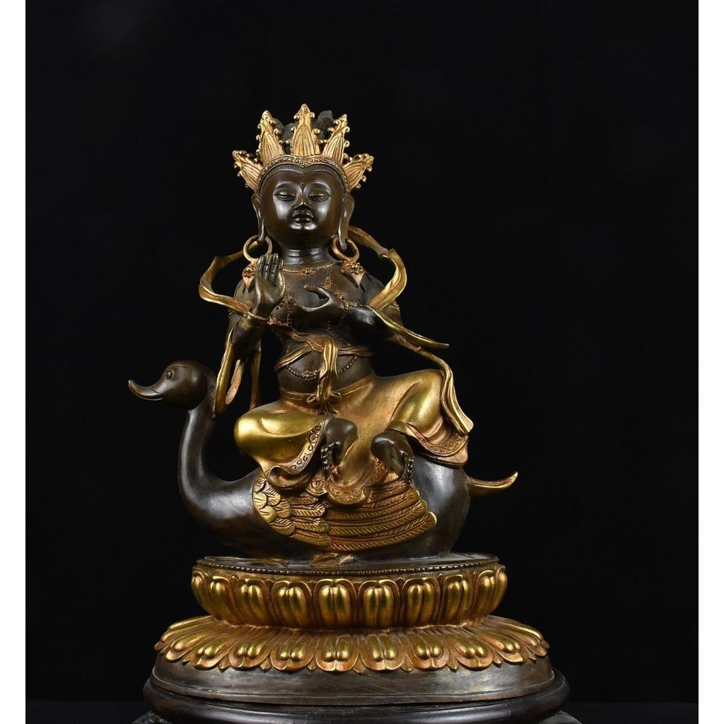 西藏尼泊爾老純銅鎏描金祥和圣母騎鵝佛像 佛堂擺件居家用品高28cm寬19cm重量5.2斤T4608-977