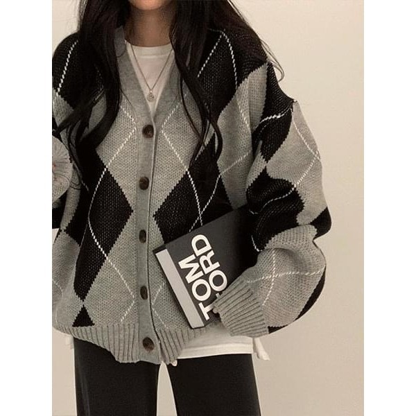 【Codibook】韓國 moodloveroom 菱格紋寬鬆針織衫［預購］針織外套 女裝