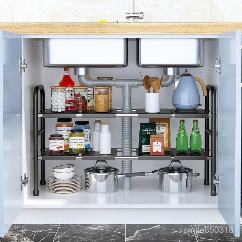 【廠家直銷】水槽下置物架可伸縮置物架收納架櫥櫃多層內置物架廚房鍋具收納架