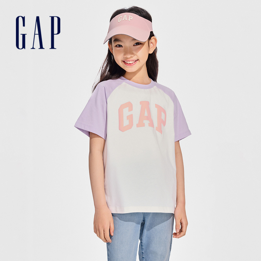 Gap 兒童裝 Logo/小熊印花純棉圓領短袖T恤-白紫撞色(890474)