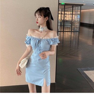 SY法式洋裝短袖連身裙小眾藍色露肩連身裙女春季新款收腰氣質蕾絲邊方領系帶短裙子