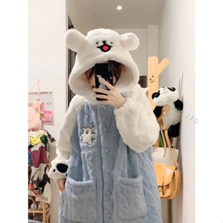 睡衣 線條小狗珊瑚絨 睡衣 女冬季可愛加厚連帽保暖 睡袍 可外穿家居服套裝臺灣出貨✈
