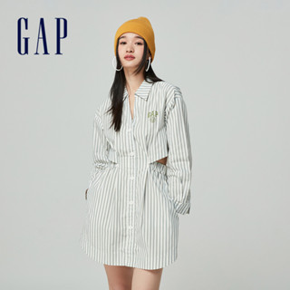 Gap 女裝 Logo純棉印花翻領長袖洋裝-白色條紋(876122)