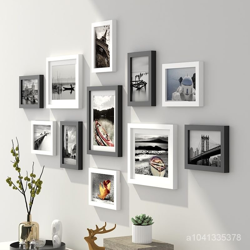 裝飾畫 客廳創意照片墻實木相片墻上免打孔臥室房間墻麵裝飾組閤相框掛墻 OZOI