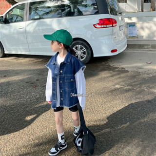 💕洋洋兒童店💕 女童馬甲外套 兒童馬甲 兒童休閒百搭 春秋新款牛仔馬甲外套女中小童韓版炸街時髦上衣 女童牛仔馬甲