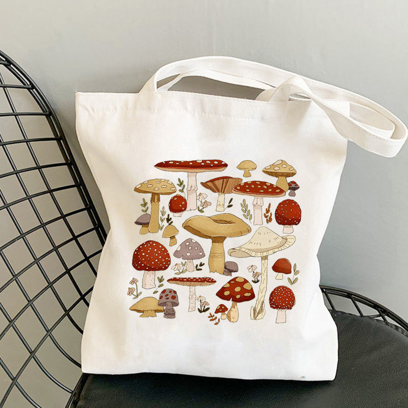❤台出✈ 女包 手提包 Tote Canvas Bag 新款個性蘑菇印花休閑學生電腦包上課書包帆布包