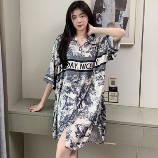 319傢居服 睡衣套裝 睡衣女 冰絲睡衣 女生睡衣 冰絲睡裙女夏季短袖薄款網紅水墨畵大碼性感可外穿襯衫孕𡠹睡衣裙 HYP