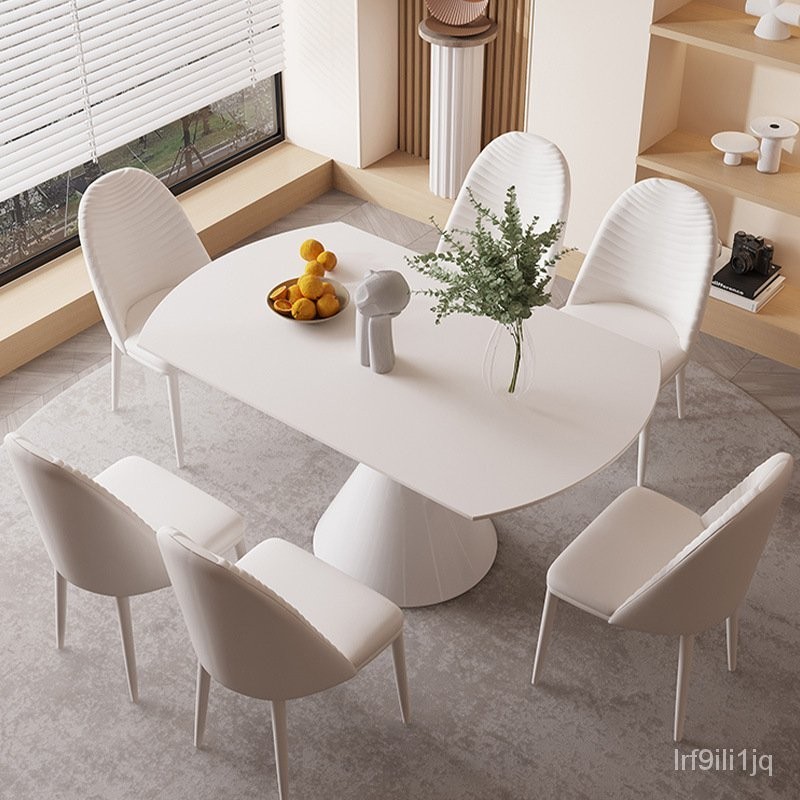 爆款💥[台灣熱賣]安安居 奶油風岩板餐桌家用小戶型白色現代簡約輕奢可伸縮圓桌餐桌椅組合