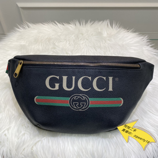 Gucci 古馳 527792小號 530412大號 Print 復古logo皮革腰包 胸包 黑色 男款