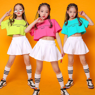 🎉今日免運🎉 短版上衣+褲裙+襪子三件式 女童套裝兒童表演服裝街舞爵士舞 露臍現代舞嘻哈表演服啦啦隊操套裝兒童夏裝