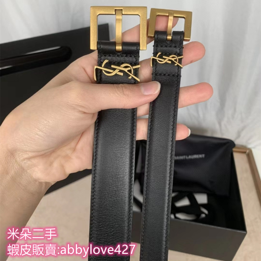 二手 聖羅蘭 YSL 黑色小牛皮 金/銀色方扣 女生 2cm 3cm 皮帶 腰帶 實拍免運