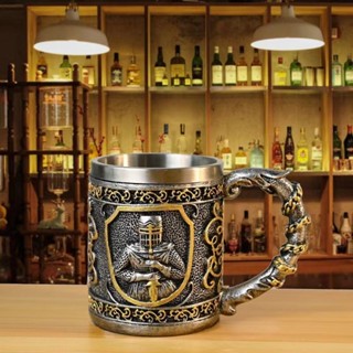 復古不銹鋼水杯辦公騎士大容量馬克杯啤酒杯手工雕刻酒吧咖啡杯