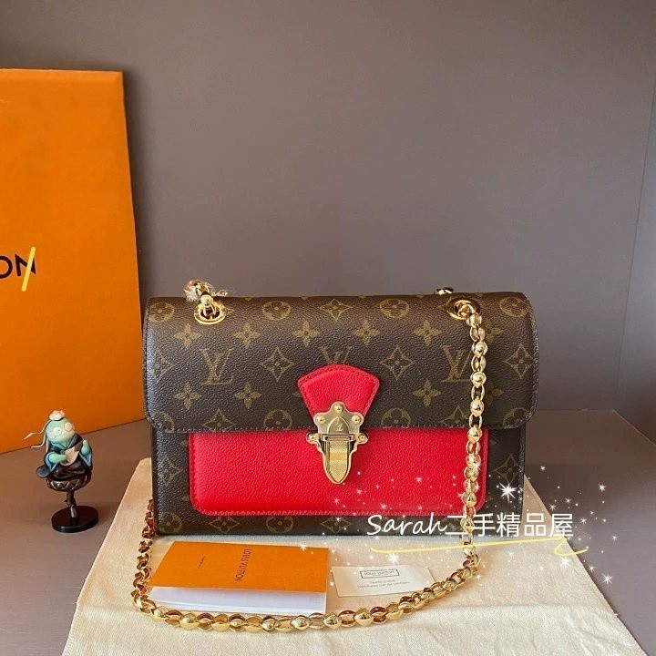 二手精品 LV 路易威登 肩背包 M41731 VICTOIRE 維多利亞鏈條包 經典老花拼色 紅色