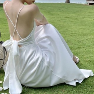 海邊度假連衣裙夏季超仙白色性感露背吊帶裙沙灘裙女