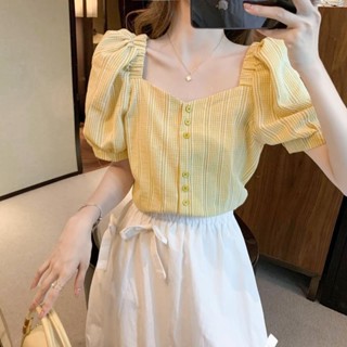 Alice 泡泡袖黃色格子襯衫女 夏季新款 氣質減齡上衣 法式復古方領襯衣 短袖襯衫 上衣 上衣女