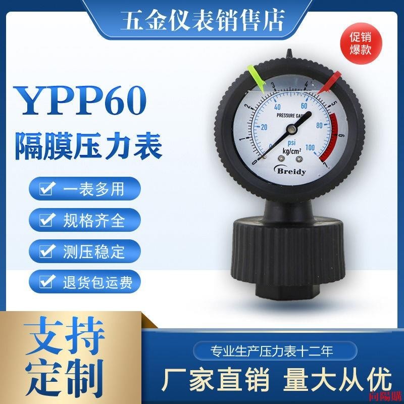 👍向陽優選👍壓力表👍PP隔膜壓力表PCB污水處理環保專用全塑表YPP60耐酸堿耐腐蝕4-15KG