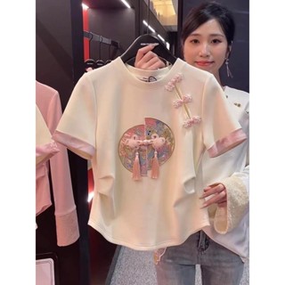 2024新中式國風重工刺繡釘珠盤扣女上衣百搭短袖T恤女春夏季小個子盤扣收腰顯瘦上衣 古典刺繡印花搭配改良馬面裙短袖