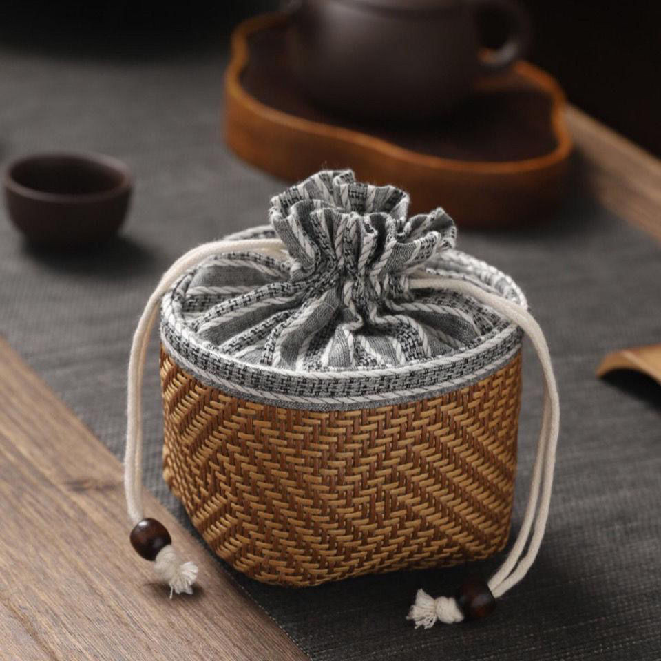 【順順裝飾】便攜式藤編棉麻圓底束口袋創意茶壺茶杯茶具收納包袋日式加厚抽繩