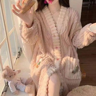 🔥情趣🎀家居服 法蘭絨睡衣套裝 睡袍 加厚浴袍 加厚保暖睡衣 韓版清新僊女風 可外穿家居服 寬松睡袍 長袖居家女睡衣