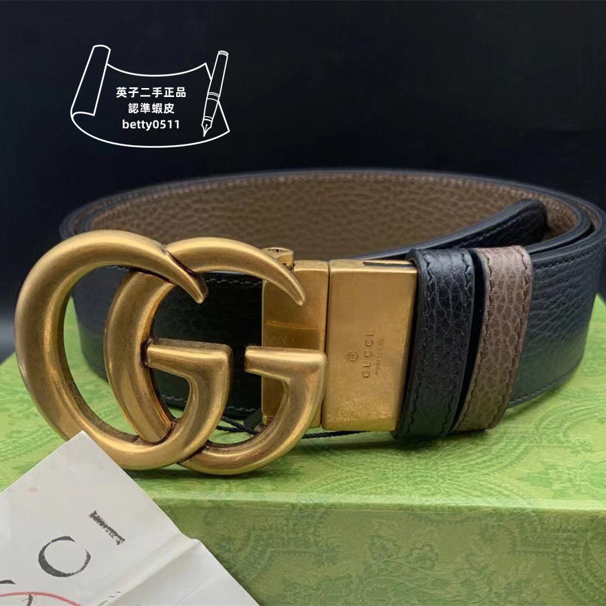 GUCCI 黑金牛皮腰帶 真皮腰帶 男款皮帶 古馳金扣黑色腰帶