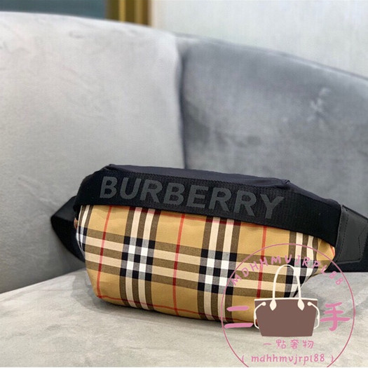 99新 二手 BURBERRY 博柏利 Vintage復古格紋男女同款腰包/胸包/斜跨包