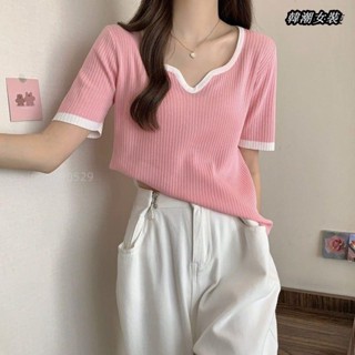 【大尺碼女裝M-5XL 40-150kg】大尺碼冰絲短袖T卹女夏設計感小眾撞色方領毛衣針織衫胖MM顯瘦遮肉上衣