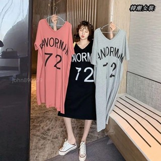 【大尺碼女裝M-5XL40-150kg】大尺碼女裝夏季中長款寬鬆休閒遮肚短袖T恤裙胖mm200斤過膝洋裝女