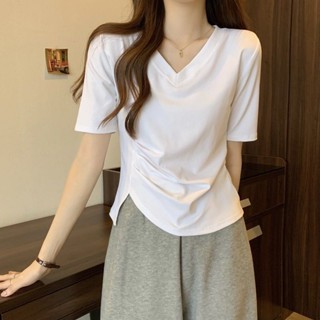 純棉正肩V領T恤女夏季褶皺小眾不規則短袖T恤大碼設計感洋氣修身顯瘦上衣