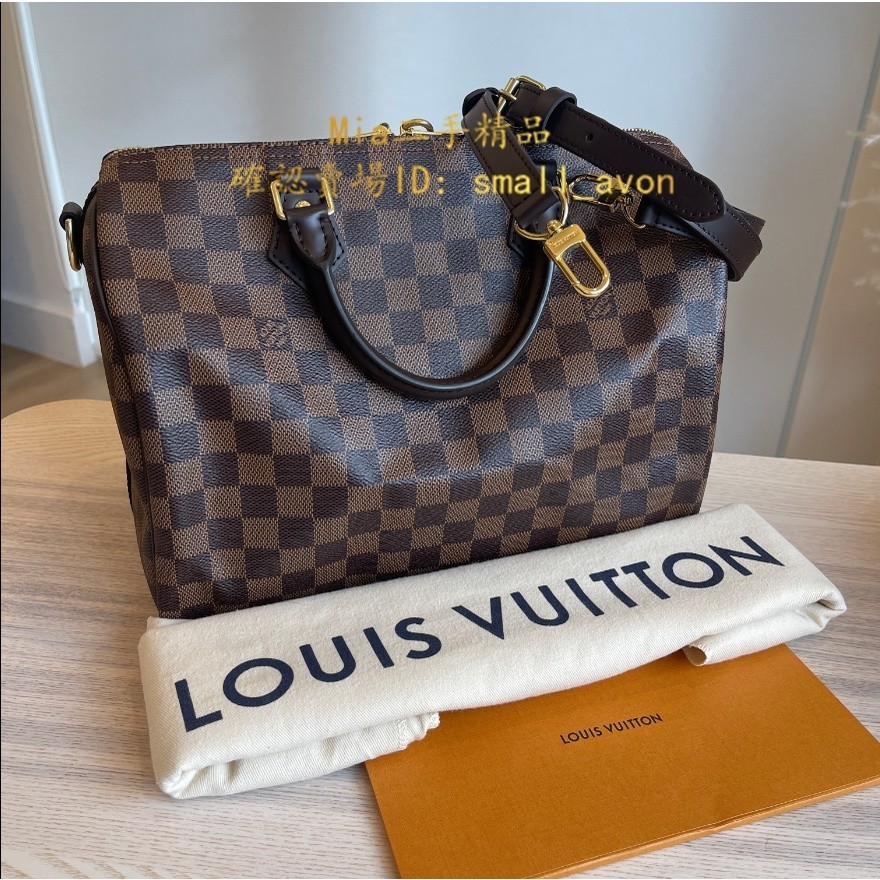 Mia二手Louis Vuitton LV N41367 Speedy 30 棋盤格紋 拼皮革飾邊枕頭包單肩斜挎 手提包