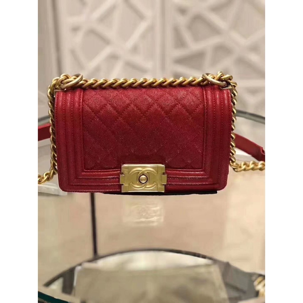 卓梵二手精品 CHANEL 經典款 BOY WOC 紅色荔枝紋牛皮金釦金鍊 小號 A81969 19cm 現貨