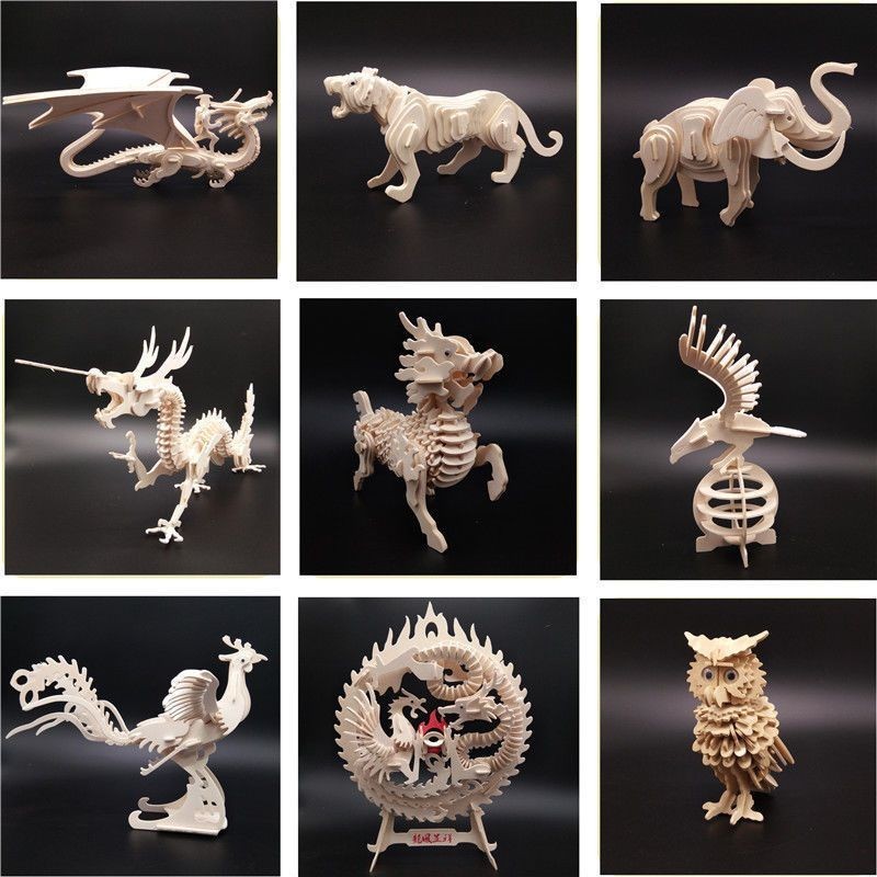 💕益智🎈中國龍木質拼圖立體3d模型成人仿真大動物手工制作拼裝積木制玩具