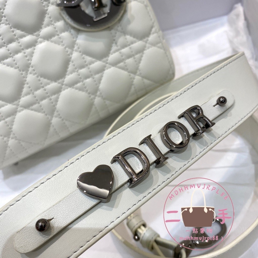 （二手98新）Dior 迪奧 LADY Dior 白色四格羊皮黑銀扣戴妃包/手提包/肩背包/斜跨包