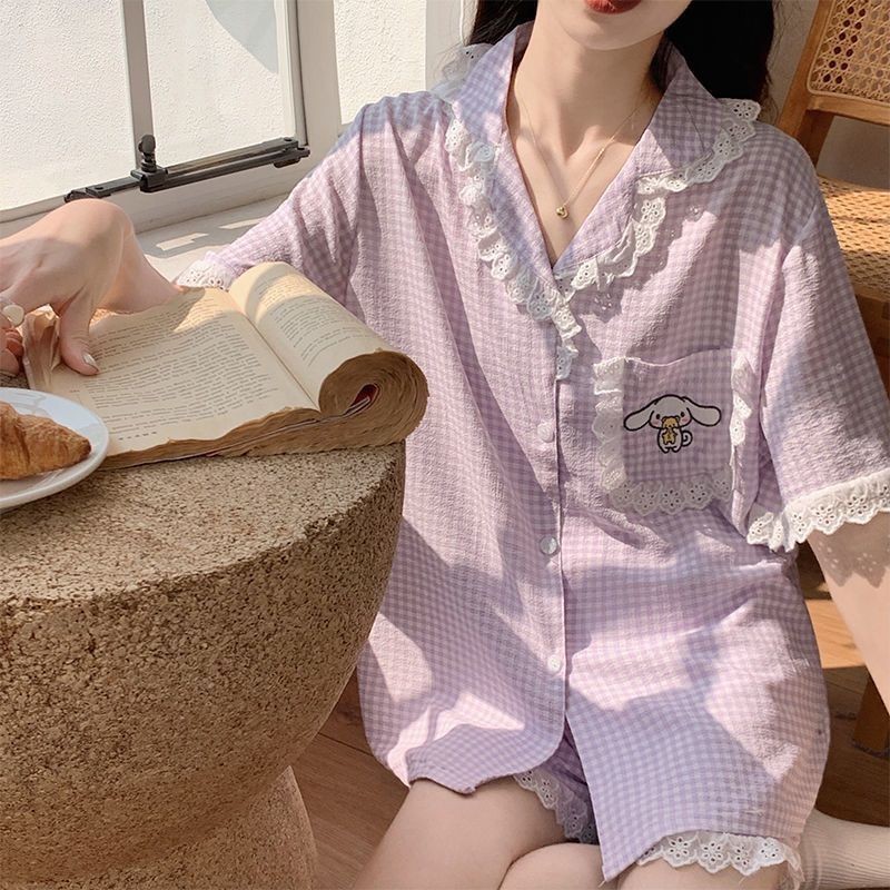 玉桂狗睡衣女🎀 ins格子花邊睡衣女夏天新款玉桂狗短袖宿舍夏季居家服套裝薄 短袖睡衣套裝 居家服