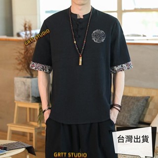 免運 男士棉麻短袖T恤 棉麻襯衫 民族風立領刺繡拼接上衣 透氣亞麻T恤 寬鬆大尺碼棉麻T恤 國潮盤扣唐裝 男生衣著