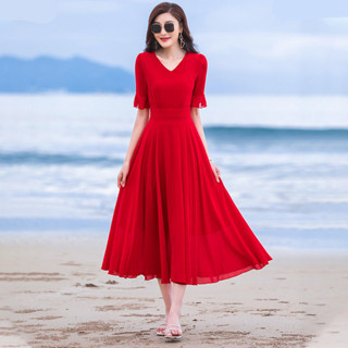 大碼洋裝 遮肚子洋裝 短袖洋裝 韓版洋裝 a字長裙紅色裙子女 夏新款小個子長款大擺雪紡連衣裙 超仙氣質沙灘長裙