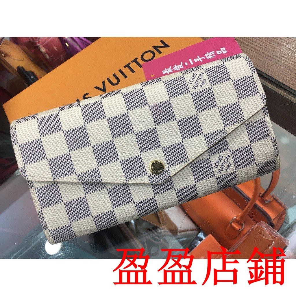 盈盈二手//LOUIS VUITTON LV SARAH N63208 白色棋盤格信封釦子長夾皮夾 B5019